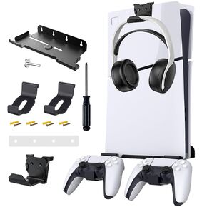 KUNSLUCK Upgraded Wall Mount Kit for PS5 Slim (Disc and Digital Edition), Wall Mount Stand with 2 Removable Controller Holder and a Headset Holder, PS5 Slim Wall Mount with Screw Fixing (White)