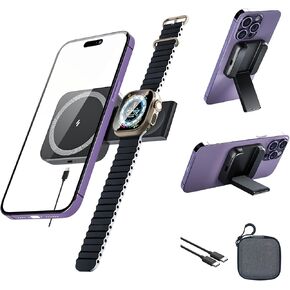 3 in 1 Magnetic Charger Stand [Super Portable] Wireless Charging Station,Travel Essentials Wireless Charger Pad for iPhone and Watch Airpods Foldable Magsafe Accessories Fit iPhone 16(Black)
