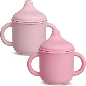 2 Pieces Silicone Sippy Cup Training Cup for Baby 6 Months Soft Baby Cup with Straw Spill Proof Sippy Cups for Toddlers with Handles and Spout Lid Easy Grip 5oz (Pink Series)