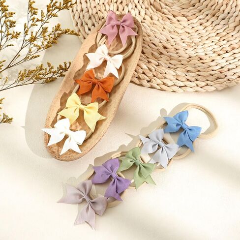 Baby Girl Bows and Headbands, 10 Pcs Soft Nylon Headbands Handmade Newborn Hair Bows Grosgrain Ribbon Elastic Baby Hairbands Hair Accessories for Newborn Infant Toddlers in Saudi Arabia