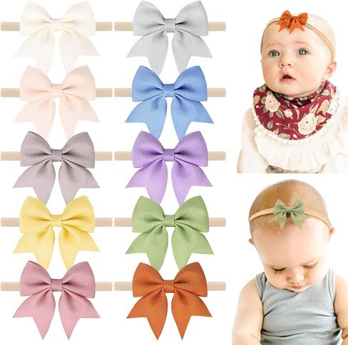 Baby Girl Bows and Headbands, 10 Pcs Soft Nylon Headbands Handmade Newborn Hair Bows Grosgrain Ribbon Elastic Baby Hairbands Hair Accessories for Newborn Infant Toddlers in Saudi Arabia