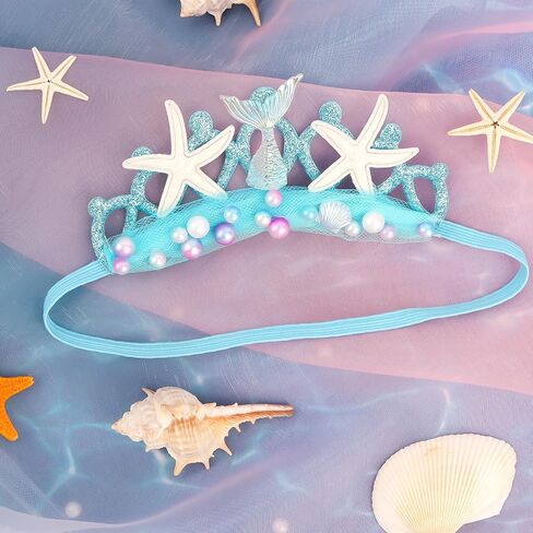 Blue Baby Elastic Headband with Pearl Seashell Starfish Headbands with Veil Fishtails Soft Headwrap Newborn Hair Band Children Hair Accessories in Saudi Arabia