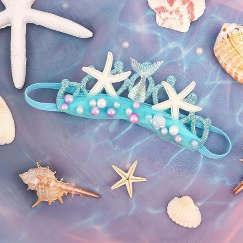 Blue Baby Elastic Headband with Pearl Seashell Starfish Headbands with Veil Fishtails Soft Headwrap Newborn Hair Band Children Hair Accessories in Saudi Arabia