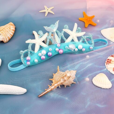 Blue Baby Elastic Headband with Pearl Seashell Starfish Headbands with Veil Fishtails Soft Headwrap Newborn Hair Band Children Hair Accessories in Saudi Arabia