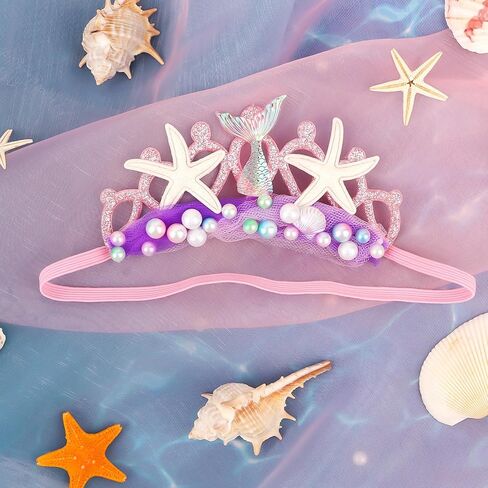 Blue Baby Elastic Headband with Pearl Seashell Starfish Headbands with Veil Fishtails Soft Headwrap Newborn Hair Band Children Hair Accessories in Kuwait