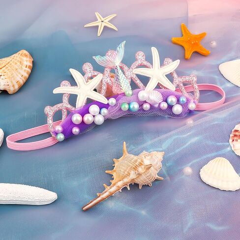 Blue Baby Elastic Headband with Pearl Seashell Starfish Headbands with Veil Fishtails Soft Headwrap Newborn Hair Band Children Hair Accessories in Kuwait