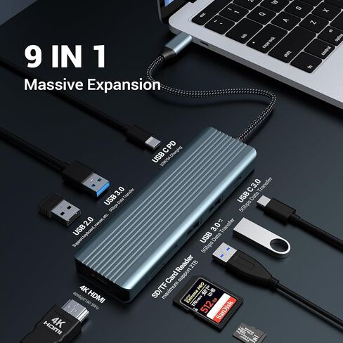 9 in 1 USB C Hub, USB C Dock, Docking Station with 4K@30Hz HDMI, 3 x USB 3.0, USB C 3.0 Data, USB 2.0, 100W PD, SD/TF Card Reader Compatible with Laptop and Other Type C Devices in Kuwait