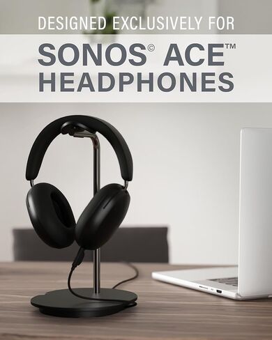 حامل سماعات Sanus Sonos Ace - حامل ممتاز مع حامل سيليكون يمنع التجعيد وإدارة الكابلات المدمجة مع مشبك مغناطيسي للشحن السريع - إعداد بدون أدوات - حامل سماعات رأس Sonos أسود in Kuwait