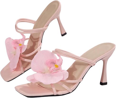 MakeMeChic Women's 3D Flower Square Open Toe Sandals Slip On Slides Summer Pyramid Heels in Saudi Arabia