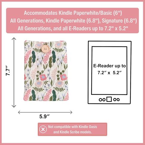 Embroidered Floral Kindle Sleeve - Compatible with Paperwhite/Basic (6''), Paperwhite (6.8''), Signature (6.8'') - Linen and Cotton Padded E-Reader Cover (Pastel Garden) in Saudi Arabia