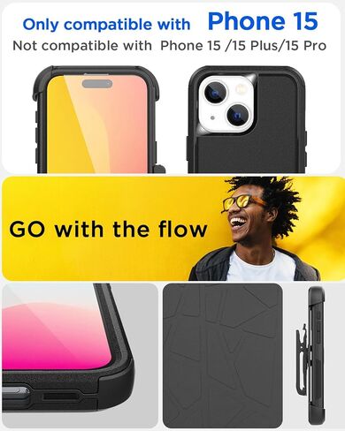 AICase Belt Holster Case Compatible with iPhone 15 +Glass Protector+Camera Lens,Heavy Duty 3-Layer Pocket-Friendly Durable Military Grade Protection Shockproof/DropProof Protective Cover 6.1" in Saudi Arabia