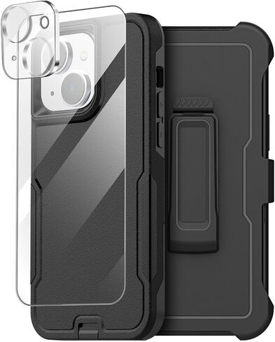 AICase Belt Holster Case Compatible with iPhone 15 +Glass Protector+Camera Lens,Heavy Duty 3-Layer Pocket-Friendly Durable Military Grade Protection Shockproof/DropProof Protective Cover 6.1" in Saudi Arabia
