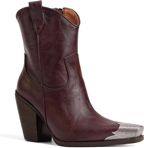 Arqa Women's Western Boots Etched Metal Toe Cowgirl Booties Stacked Block Heel Ankle Boots Side Zipper Vintage Cowboy Boot in Saudi Arabia