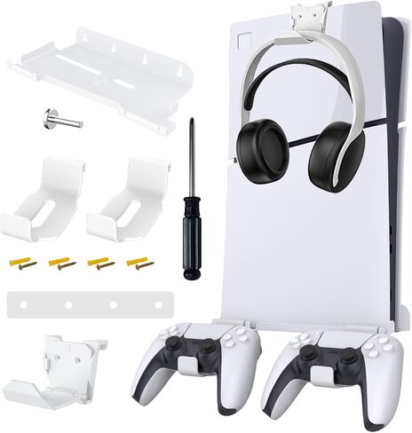 طقم تثبيت على الحائط مطور من KUNSLUCK لجهاز PS5 Slim (القرص والإصدار الرقمي)، حامل تثبيت على الحائط مع حاملي وحدة تحكم قابلين للإزالة وحامل سماعة رأس، حامل PS5 نحيف على الحائط مع تثبيت لولبي (أبيض) in Saudi Arabia