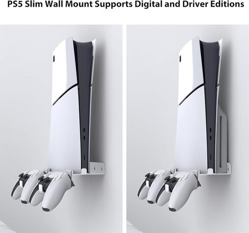 طقم تثبيت على الحائط مطور من KUNSLUCK لجهاز PS5 Slim (القرص والإصدار الرقمي)، حامل تثبيت على الحائط مع حاملي وحدة تحكم قابلين للإزالة وحامل سماعة رأس، حامل PS5 نحيف على الحائط مع تثبيت لولبي (أبيض) in Saudi Arabia