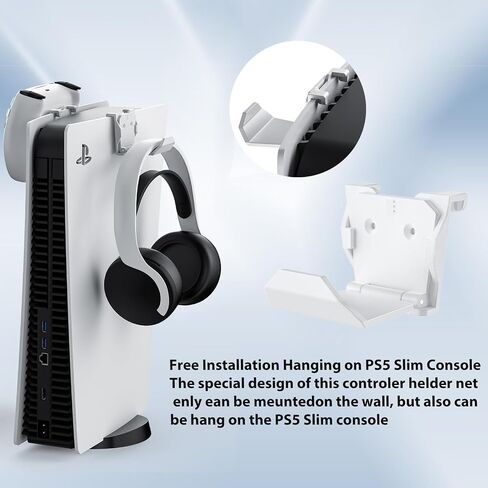 طقم تثبيت على الحائط مطور من KUNSLUCK لجهاز PS5 Slim (القرص والإصدار الرقمي)، حامل تثبيت على الحائط مع حاملي وحدة تحكم قابلين للإزالة وحامل سماعة رأس، حامل PS5 نحيف على الحائط مع تثبيت لولبي (أبيض) in Saudi Arabia