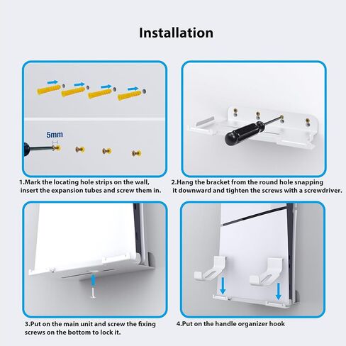 طقم تثبيت على الحائط مطور من KUNSLUCK لجهاز PS5 Slim (القرص والإصدار الرقمي)، حامل تثبيت على الحائط مع حاملي وحدة تحكم قابلين للإزالة وحامل سماعة رأس، حامل PS5 نحيف على الحائط مع تثبيت لولبي (أبيض) in Saudi Arabia