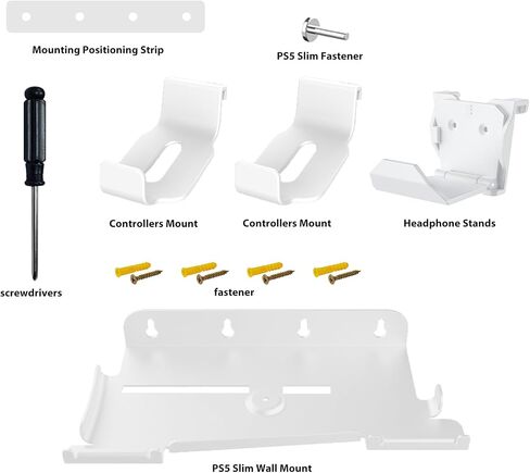 طقم تثبيت على الحائط مطور من KUNSLUCK لجهاز PS5 Slim (القرص والإصدار الرقمي)، حامل تثبيت على الحائط مع حاملي وحدة تحكم قابلين للإزالة وحامل سماعة رأس، حامل PS5 نحيف على الحائط مع تثبيت لولبي (أبيض) in Saudi Arabia