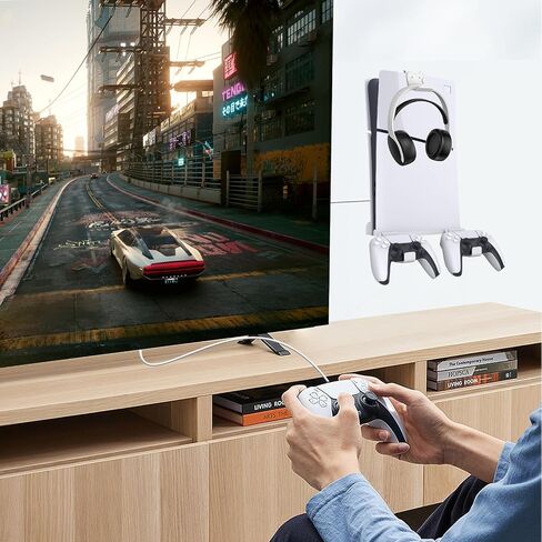 طقم تثبيت على الحائط مطور من KUNSLUCK لجهاز PS5 Slim (القرص والإصدار الرقمي)، حامل تثبيت على الحائط مع حاملي وحدة تحكم قابلين للإزالة وحامل سماعة رأس، حامل PS5 نحيف على الحائط مع تثبيت لولبي (أبيض) in Saudi Arabia