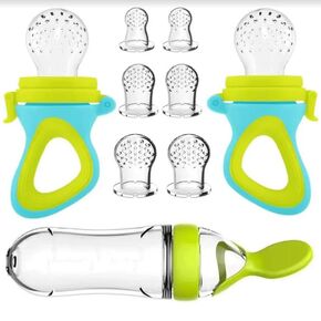 9 Pcs Baby Spoon/Pacifiers Feeder Set with 3 Different Sized Silicone Pacifiers and replacements, 1 Soft Tip Silicone Infant Spoon for Teething Feeding Set Pink/White (Teal/Green)