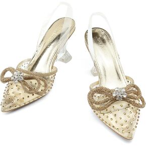 JENN ARDOR Slingback Heels for Women Low Heels Dress Shoes Bow Kitten Pumps Rhinestone Dressy Heeled Sandals