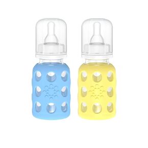 Lifefactory Glass Baby Bottles with Silicone Protection - 2-Pack, 4 oz Bottles, Sky Blue & Banana