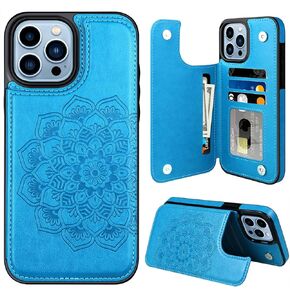 MMHUO for iPhone 13 Pro Max Case with Card Holder, Flower Magnetic Buttons Flip Case for iPhone 13 Pro Max Wallet Case for Women,Protective Case Phone Case for iPhone 13 Pro Max,Blue