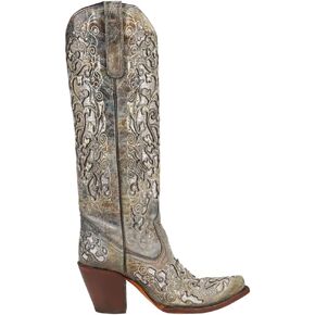 Corral Boots Womens Distressed Glitter And Tooled-Inlay Snip Toe Casual Boots Knee High Mid Heel 2-3" - Green