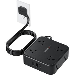 Surge Protector Power Strip, TESSAN Flat Plug Extension Cord with Multiple Outlets, 8 AC Outlets, 3 USB Ports(2 USB C), 5 Ft, 900 Joules Protection, 3-Sided Charging Station for Home Office Dorm Room