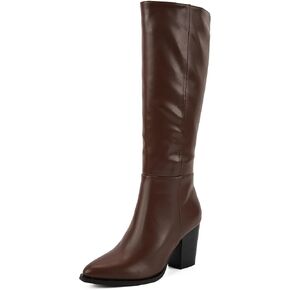 Putu Women's Knee High Boots Pointed Toe Tall Boots Stacked Chunky Heeled Boots with Zipper