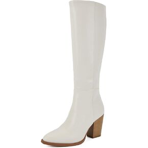 Putu Women's Knee High Boots Pointed Toe Tall Boots Stacked Chunky Heeled Boots with Zipper