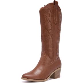 Women's Cowboy Boots Knee High with Side Zipper Wide Calf Cowgirl Boots Comfortable Western Classic Embroidered Pointy Toe Fashion Retro Classic Pull On Tall Boot Fall Winter