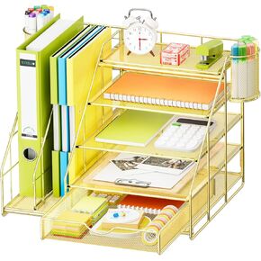 Marbrasse Desk Organizer with File Holder, 5-Tier Desk Organizers and Accessories with Drawer and 2 Pen Holder, Mesh Paper Letter Tray, Desktop Organizer and Storage for Office Supplies (Rose Gold) in Saudi Arabia