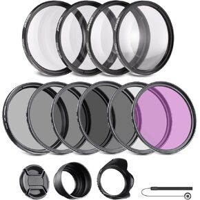 NEEWER 52mm ND/CPL/UV/FLD/Close Up Filter and Lens Accessories Kit with ND2 ND4 ND8, Close Up Filters(+1/+2/+4/+10), Tulip Lens Hood, Collapsible Rubber Lens Hood, Lens Cap, Filter Pouch