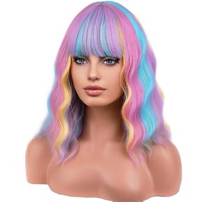 Mixed Blue Wig Women Short Wavy Wig Teal Wig with Bangs Teal Blue Bob Wig Women Girls Heat Resistant Synthetic Fiber Cosplay Costume Wig (Mixed Blue)