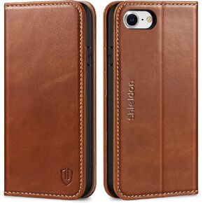 SHIELDON Wallet Case for iPhone SE 2022/2020, Genuine Leather Folio Case Magnetic Shock Absorbing Case Credit Card Holder Kickstand Compatible with iPhone 8/7 4.7" - Retro Brown in Saudi Arabia