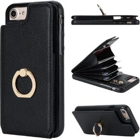 Folosu for iPhone SE(2022) iPhone SE(2020) iPhone 7/8 Wallet Case with Card Holder, 360°Rotation Ring Holder Kickstand Protective RFID Blocking PU Leather Flip Shockproof Cover 4.7 Inch Red