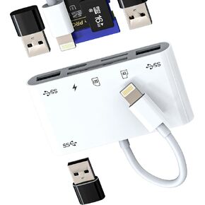 Lightning to USB Micro SD Card Reader Charger Adapter 6in1 for iPhone 13 14 Pro Max for iPad Dongle for Apple MFI Certified Hub Cable TF OTG Camera Memory Cord Converter Splitter Charging Accessories