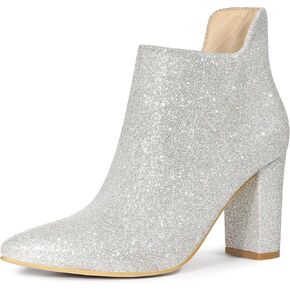 Allegra K Women's Pointed Toe Cutout Block Heels Glitter Ankle Booties