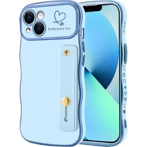 for iPhone 13 Strap Case,Cute Wave Frame Love-Heart Plating Luxury Bling Stand Cover with Soft TPU Camera Lens Protection for iPhone 13 Women Girls Phone Case - Sky Blue