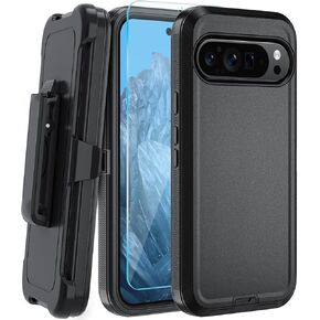 for Google Pixel 9 / Pixel 9 Pro Case, with Belt Clip,HD Tempered Glass Screen Protector, Heavy Duty Shockproof Drop Protective Rugged Tough Durable Phone Cover (Black)