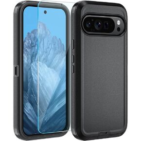 for Google Pixel 9 / Pixel 9 Pro Case, with Belt Clip,HD Tempered Glass Screen Protector, Heavy Duty Shockproof Drop Protective Rugged Tough Durable Phone Cover (Black)