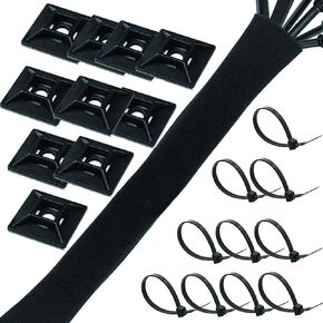 9.8 Feet Cable Management Sleeve and Wire Cord Organizer with 10 Mount and Ties. Adjustable Premium Neoprene Wraps for Computer Desk, TV, Electrical Cables and Cords Organization Keeper.