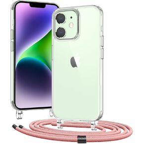Crossbody iPhone 15 Case, Lanyard Protective Clear Hard PC Case with Adjustable Length Lanyard Rope Shockproof Hands-Free Clear Phone Cover for iPhone 15 6.1"-Pink