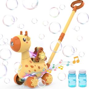 Bubble Lawn Mower Toddler Toy, Pink Giraffe Bubble Blower Machine with Led Light, Music, Bubble Mover Push Toy for Age 3+ Year Old Preschool Boys Girls Party Favors Birthday Easter Gifts