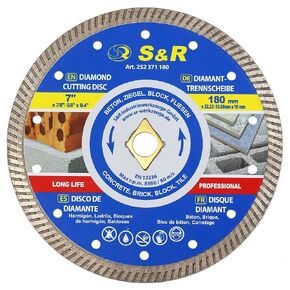 S&R Turbo Diamond Cutting Disc 180 mm / 7 Inch (180 x 10 x 22.2 / 15.88 mm), with Rhombus Hole and Reducer 22.23 mm to 15.88 mm Bore, for Concrete, Brick, Masonry, Tiles