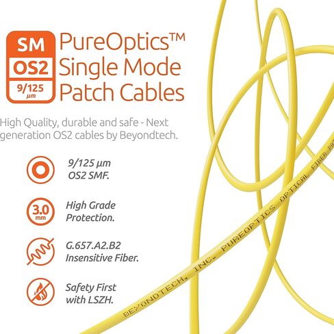LC to LC Fiber Patch Cable Single Mode Simplex - 2m (6.56ft) - 9/125um OS2 100G / 3.0mm LSZH Insensitive (1 Pack) - Beyondtech PureOptics Cable Series in Kuwait