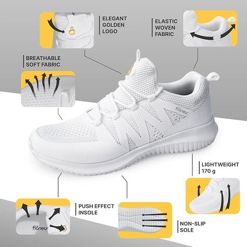 Flaneur Women's Casual Sneakers Slip On with Adjustable Elastic Laces No Tie - Comfortable Non Slip Gym Low Shoes for Walking, Tennis - Lightweight Breathable Training & Sport Shoes, Black in Saudi Arabia