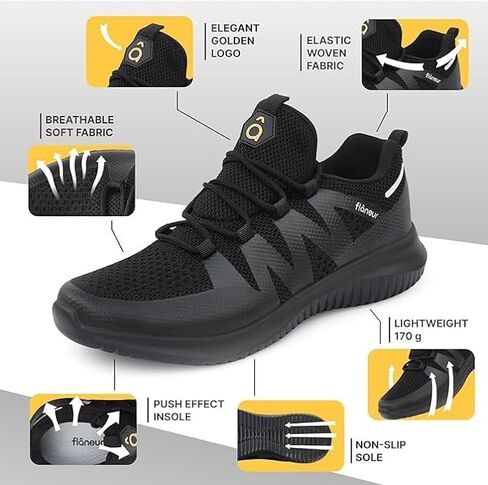 Flaneur Women's Casual Sneakers Slip On with Adjustable Elastic Laces No Tie - Comfortable Non Slip Gym Low Shoes for Walking, Tennis - Lightweight Breathable Training & Sport Shoes, Black in Saudi Arabia