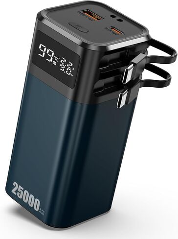 بنك طاقة بقدرة 25000 مللي أمبير في الساعة، شاحن محمول، بطارية سيارة متطابقة 4680، كابل USB-C للشحن السريع مدمج مع 4 منافذ PD 22.5 وات كحد أقصى لسلسلة iPhone 15 وiPad وDell وSamsung وغيرها in Saudi Arabia